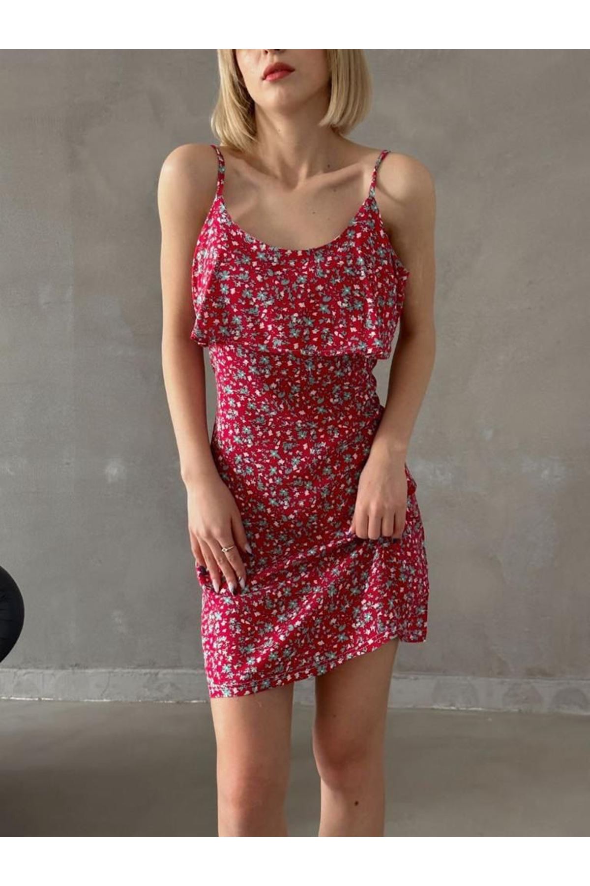 Kadın Kırmızı Askılı Kısa Pelerin Model Yazlık Dokuma Elbise 5C-2134