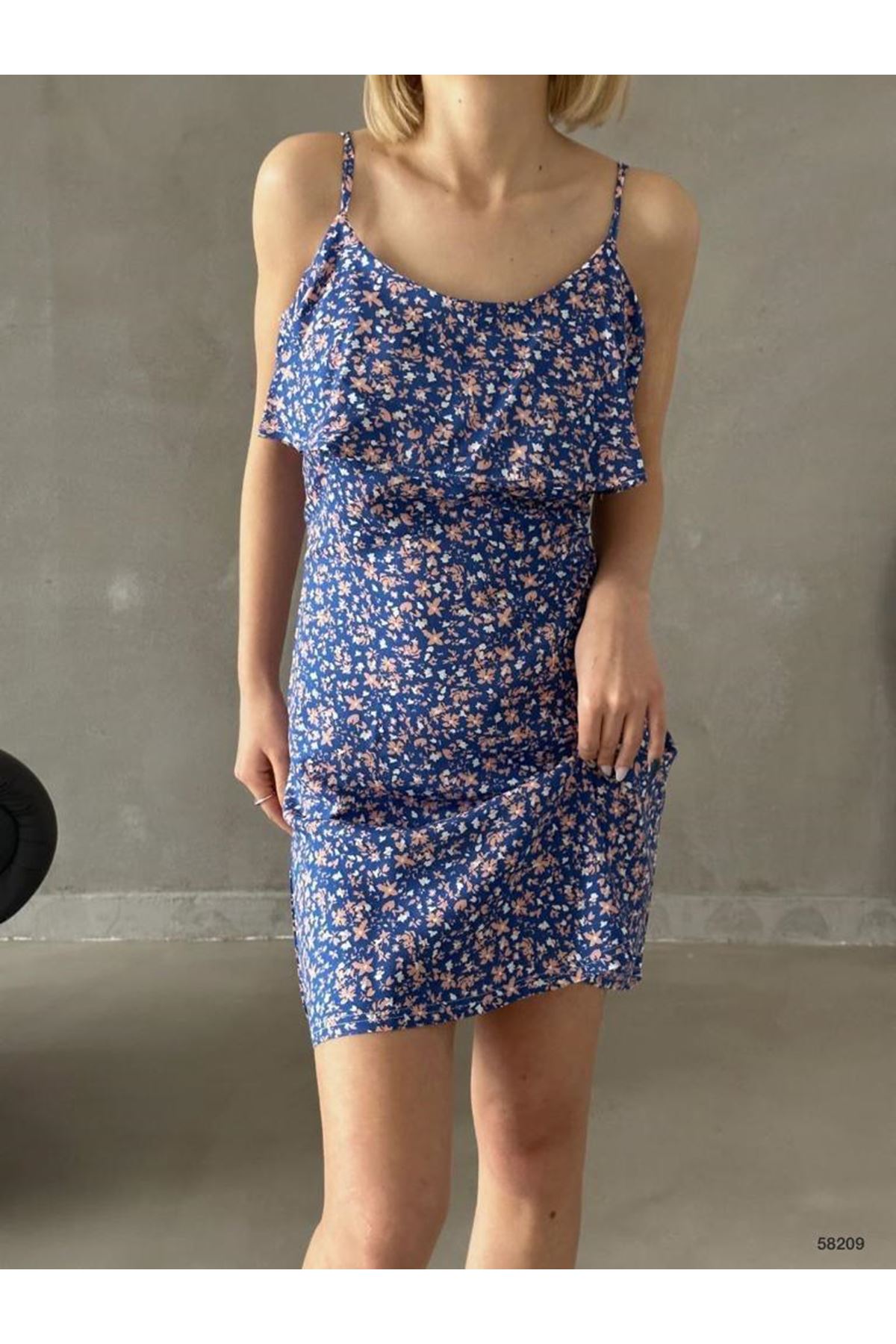 Kadın Lacivert Askılı Kısa Pelerin Model Yazlık Dokuma Elbise 5C-2133