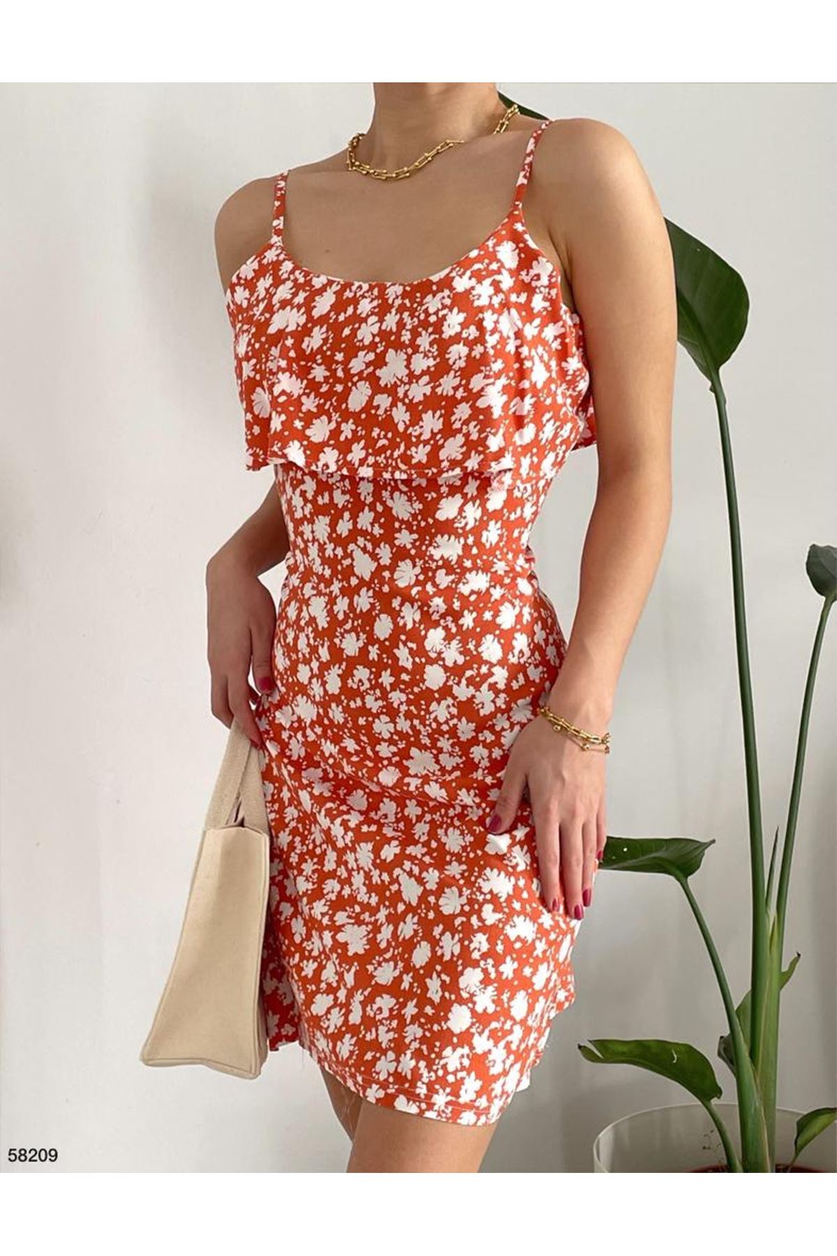Kadın Turuncu Askılı Kısa Pelerin Model Yazlık Dokuma Elbise 13C-2137