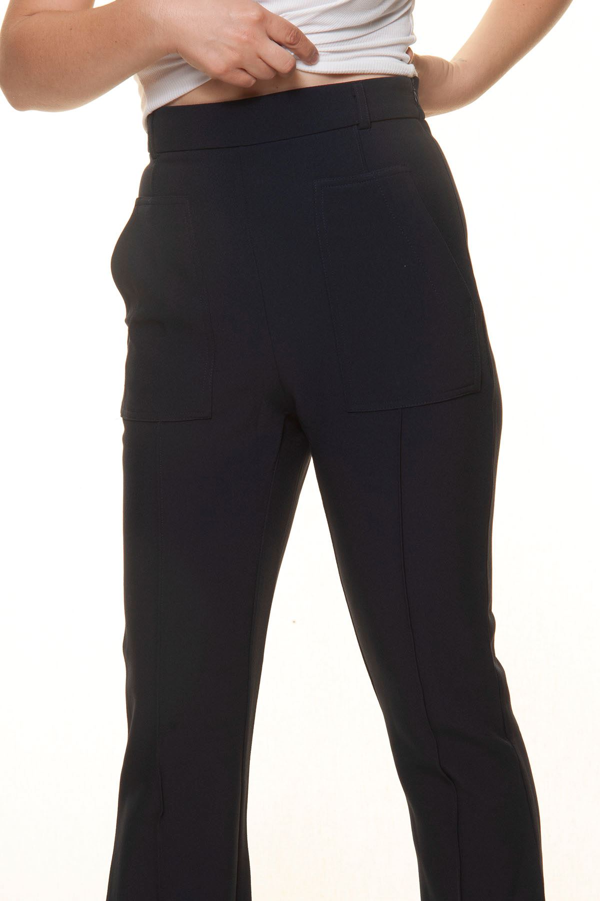 Kadın Lacivert İspanyol Paça Ultra Yüksek Bel Kumaş Pantolon 7D-3002
