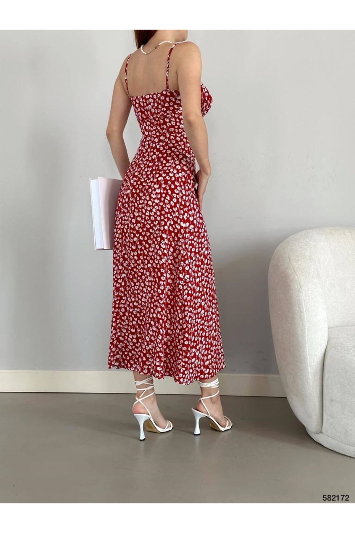 Kadın Askılı Bilek Boy Kırmızı Yırtmaçlı Yazlık Dokuma Elbise 5C-2141