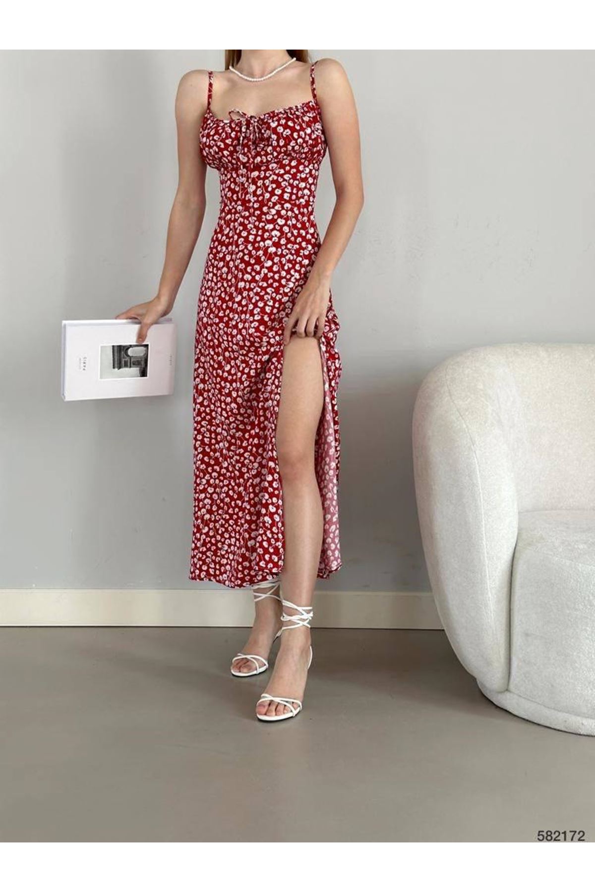 Kadın Askılı Bilek Boy Kırmızı Yırtmaçlı Yazlık Dokuma Elbise 5C-2141