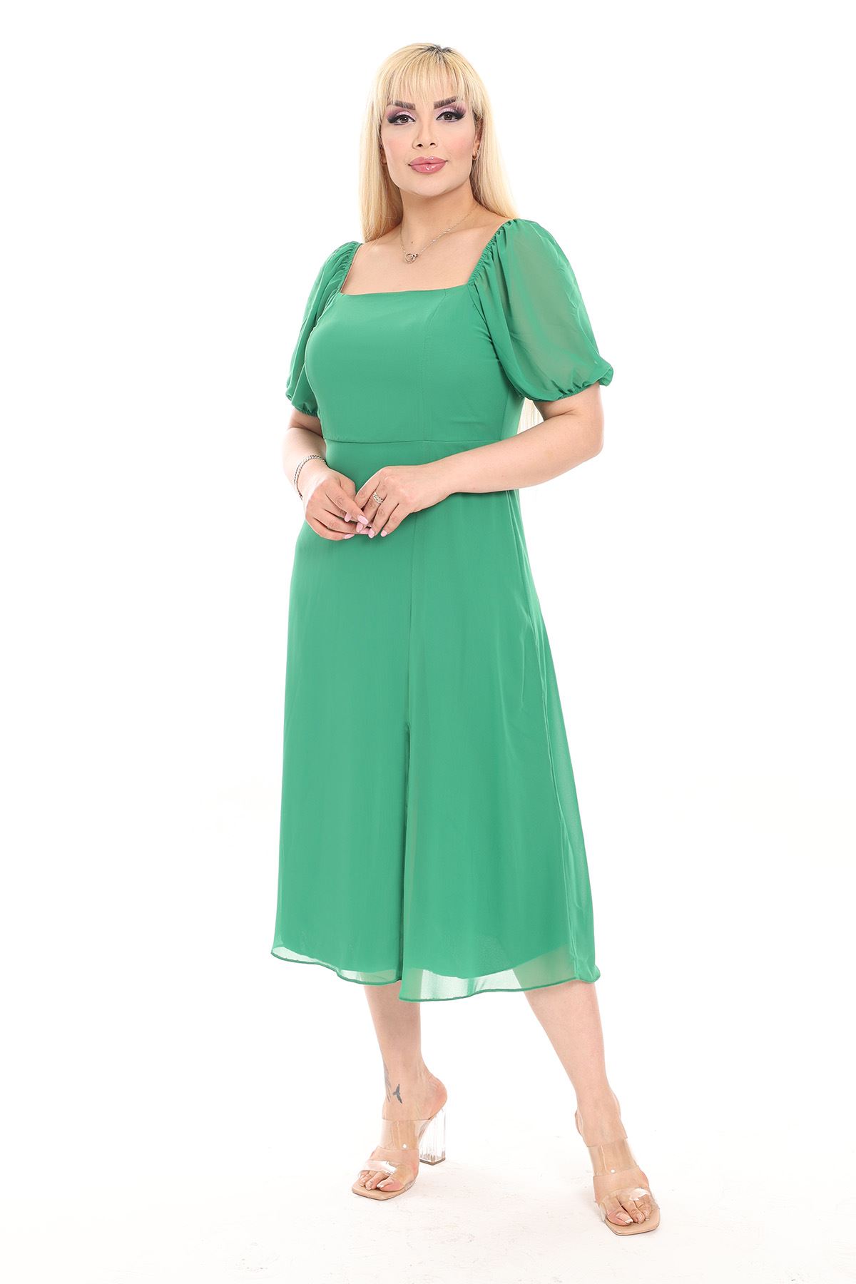Kadın Büyük Beden Yeşil Şifon Yırtmaçlı Yazlık Elbise 8D-2152