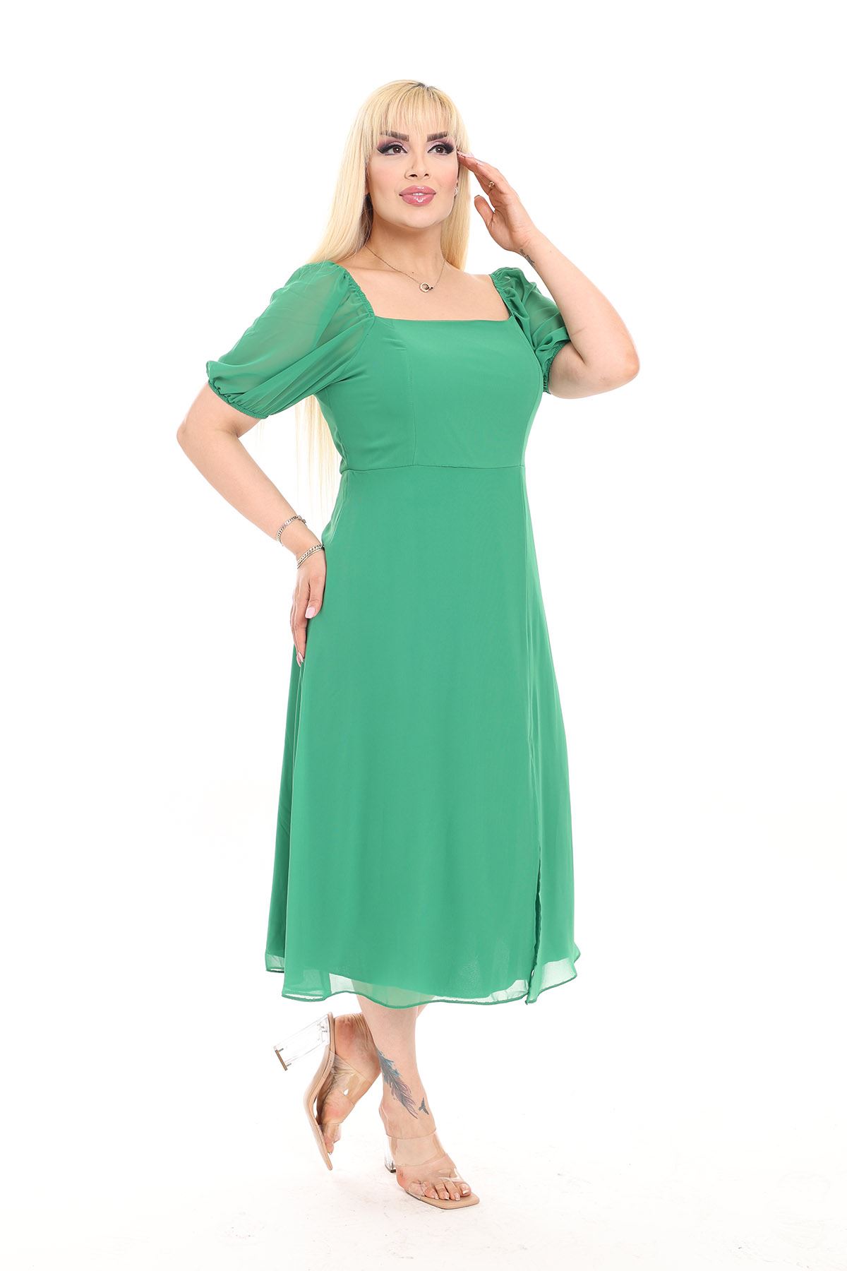 Kadın Büyük Beden Yeşil Şifon Yırtmaçlı Yazlık Elbise 8D-2152