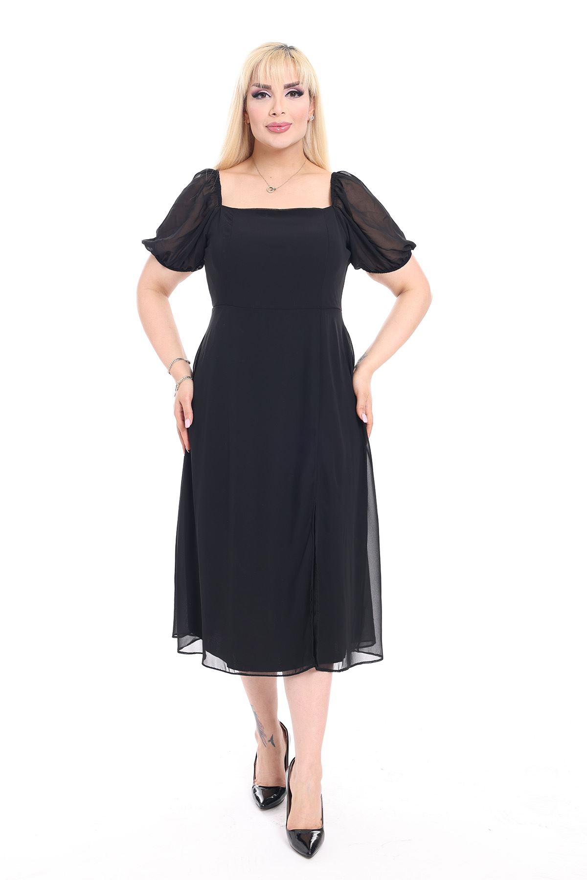 Kadın Büyük Beden Siyah Şifon Yırtmaçlı Yazlık Elbise 12K-2153