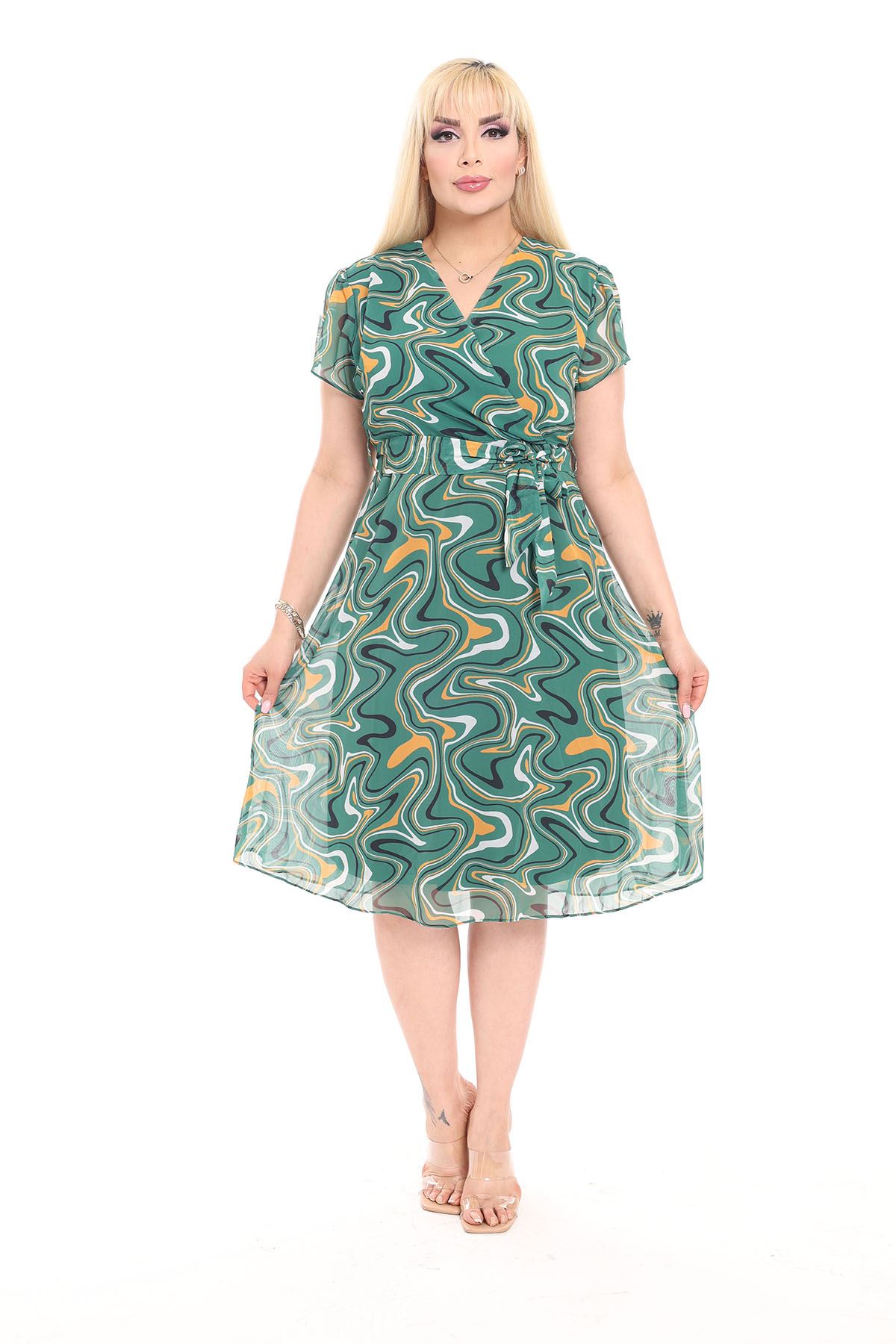 Kadın Desenli Kruvaze Yaka Midi Şifon Elbise Elbise 20D-2155