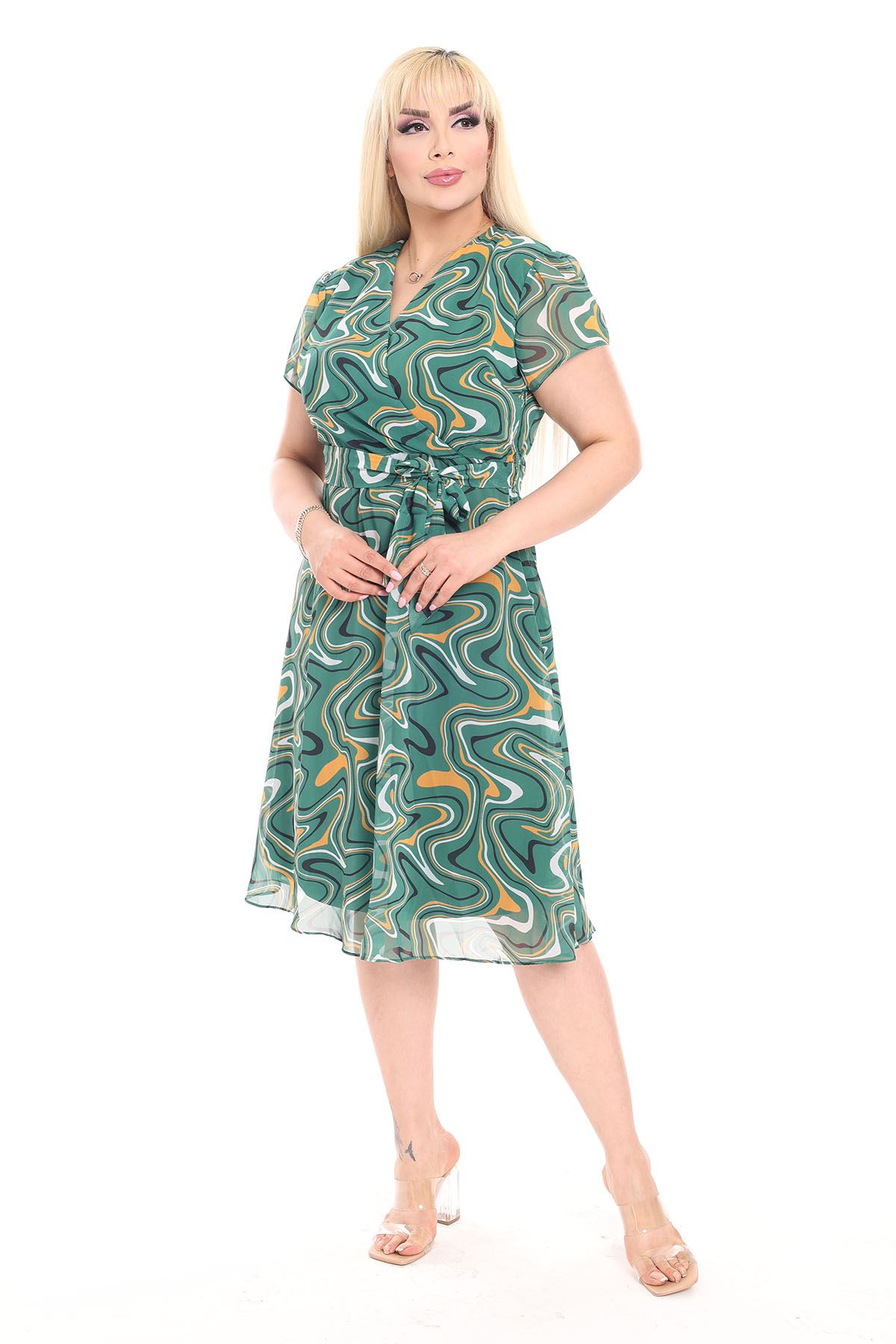 Kadın Desenli Kruvaze Yaka Midi Şifon Elbise Elbise 20D-2155