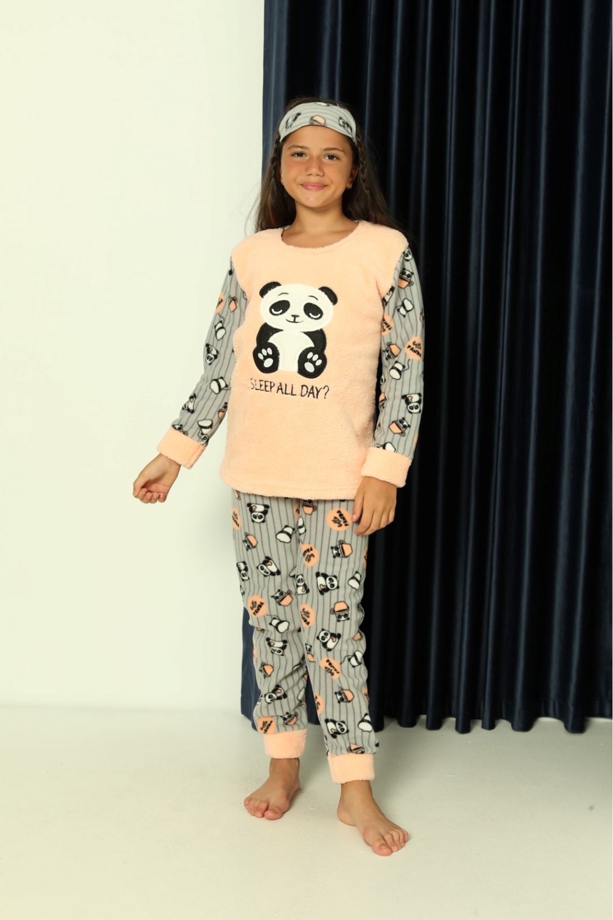 Çocuk Panda Desenli Kışlık Welsoft Polar Pijama Takımı 7E-8376