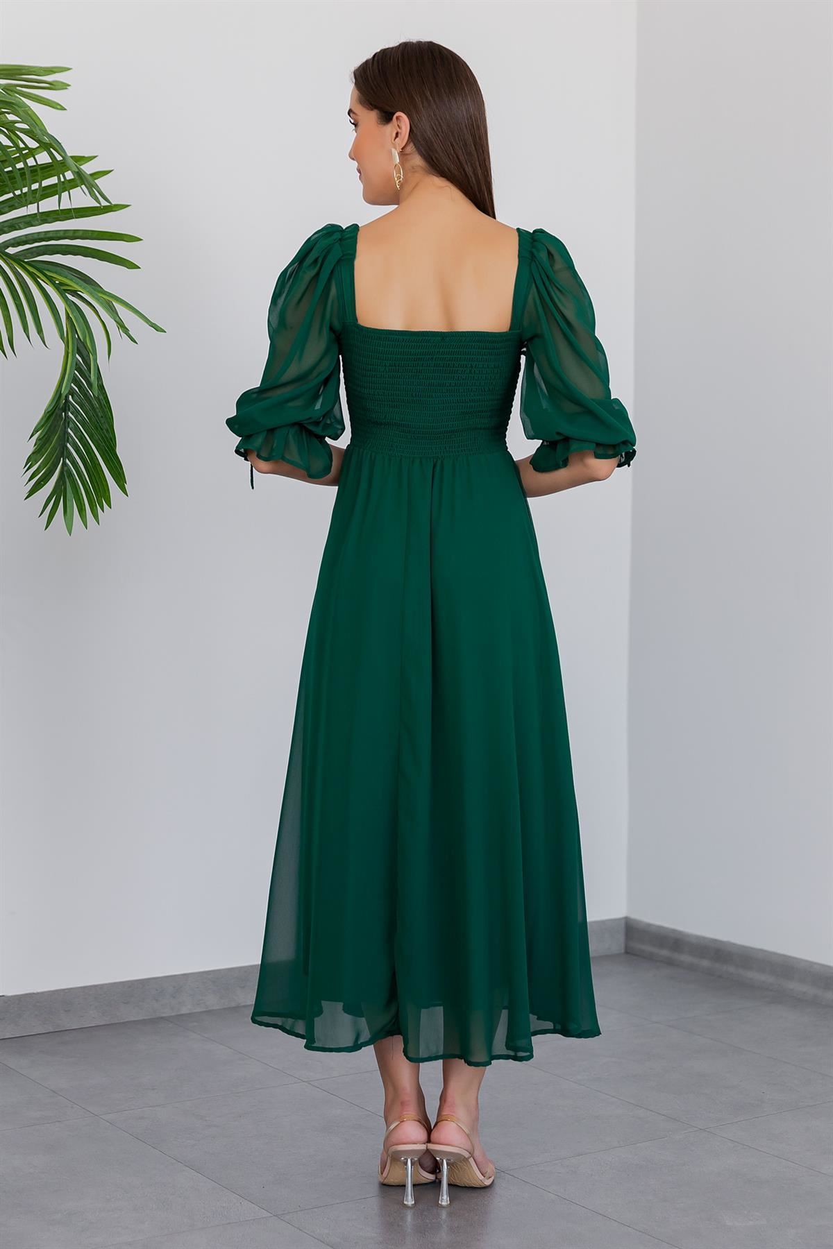 Kadın Zümrüt Yeşil Gipeli Midi Boy Şifon Elbise 11E-2157