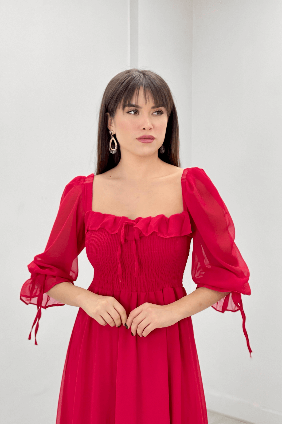 Kadın Kırmızı Gipeli Midi Boy Şifon Elbise 11E-2159