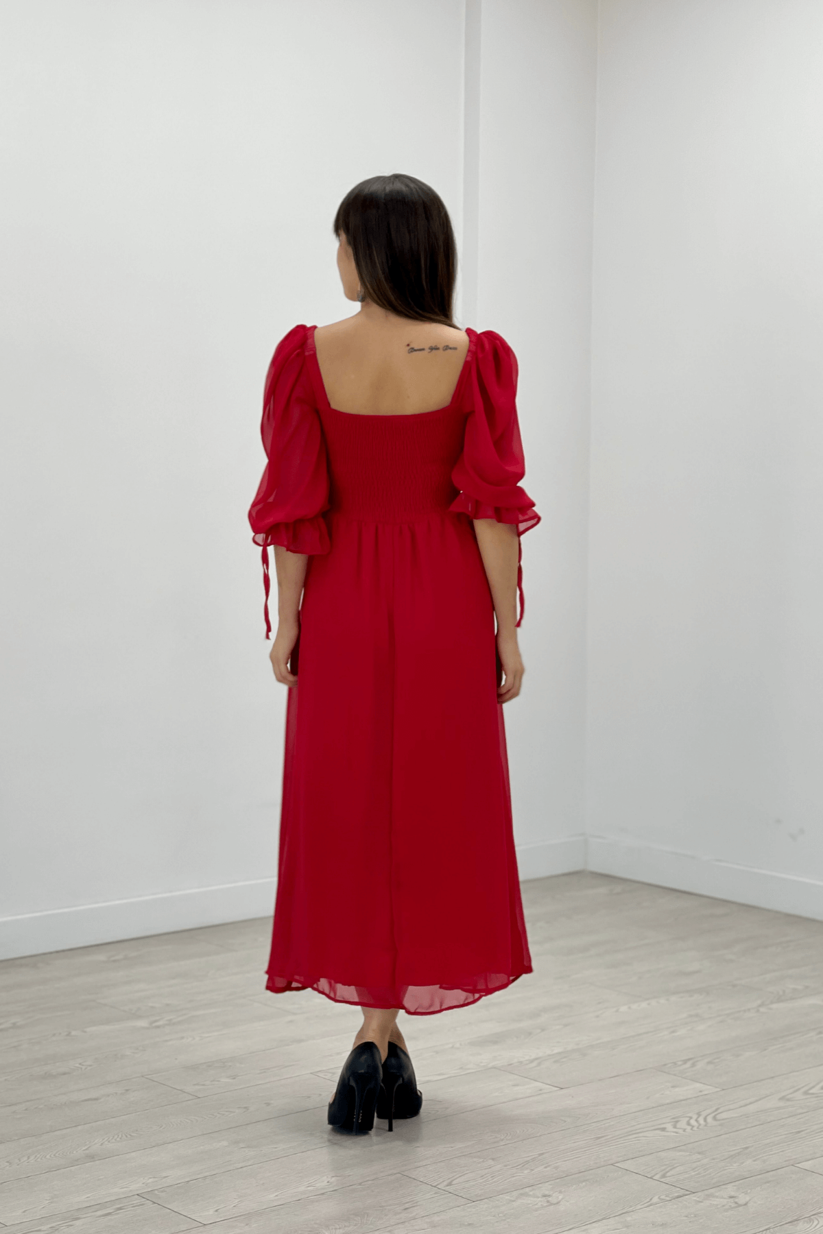 Kadın Kırmızı Gipeli Midi Boy Şifon Elbise 11E-2159