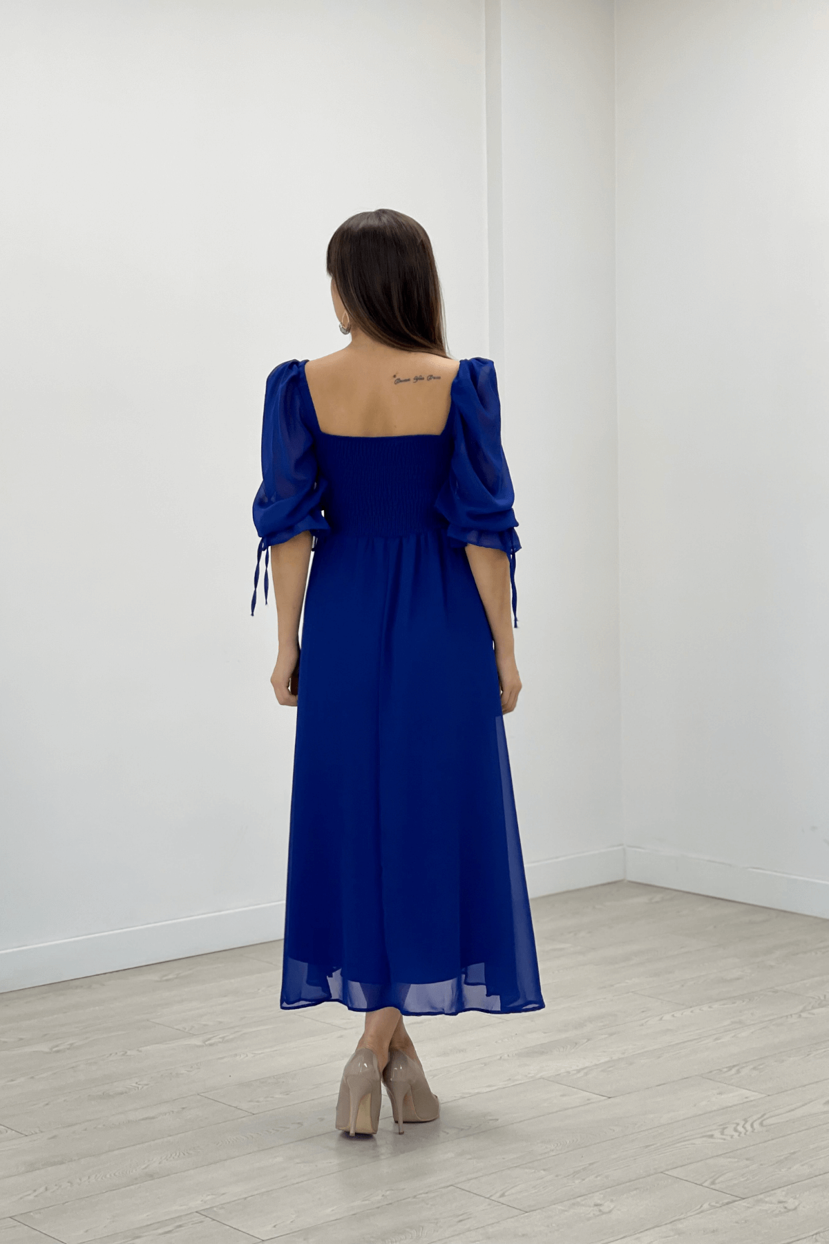 Kadın Saks Mavi Gipeli Midi Boy Şifon Elbise 11E-2160