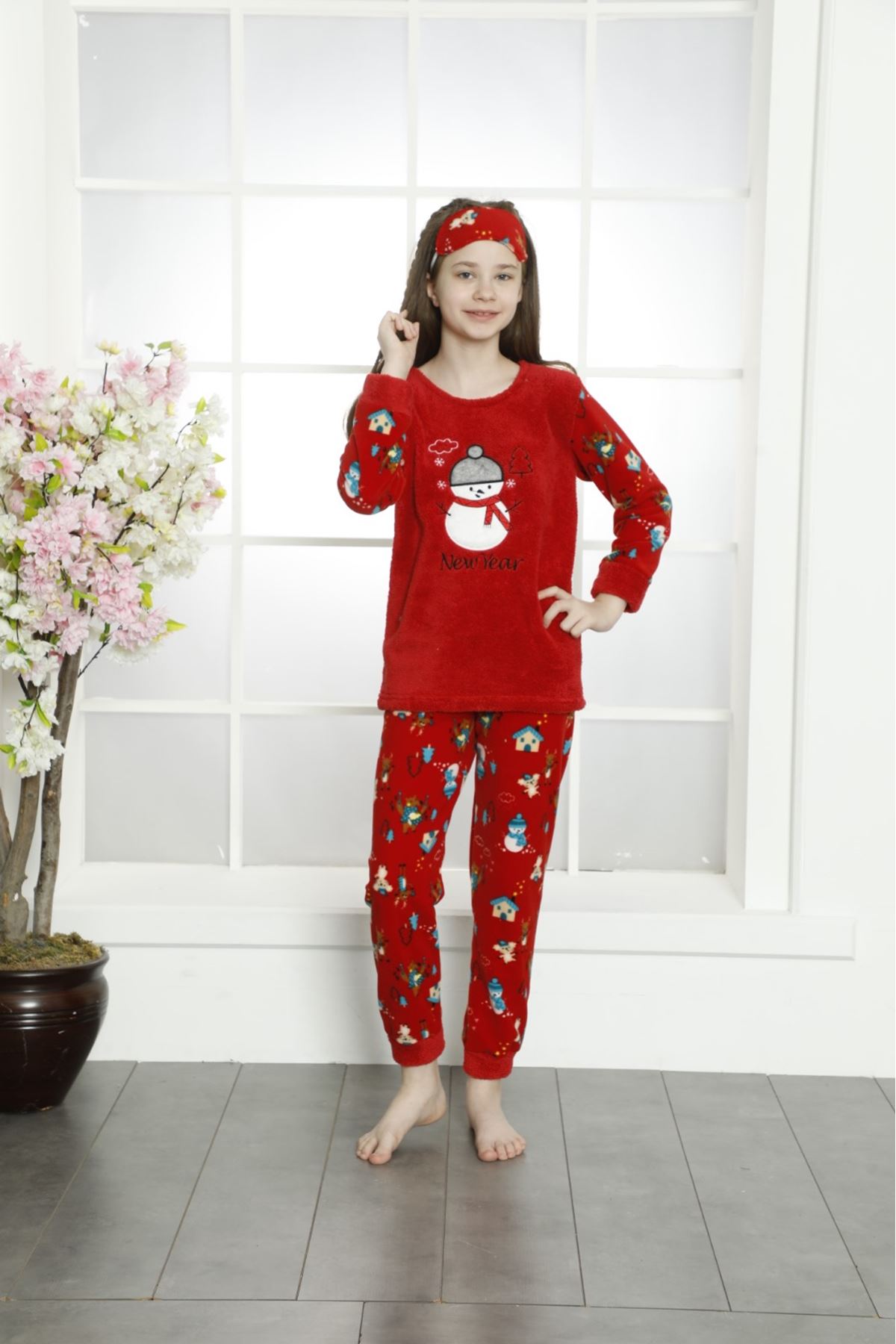 Çocuk Yeni Yıl Desenli Kışlık Welsoft Polar Pijama Takımı 7E-2350