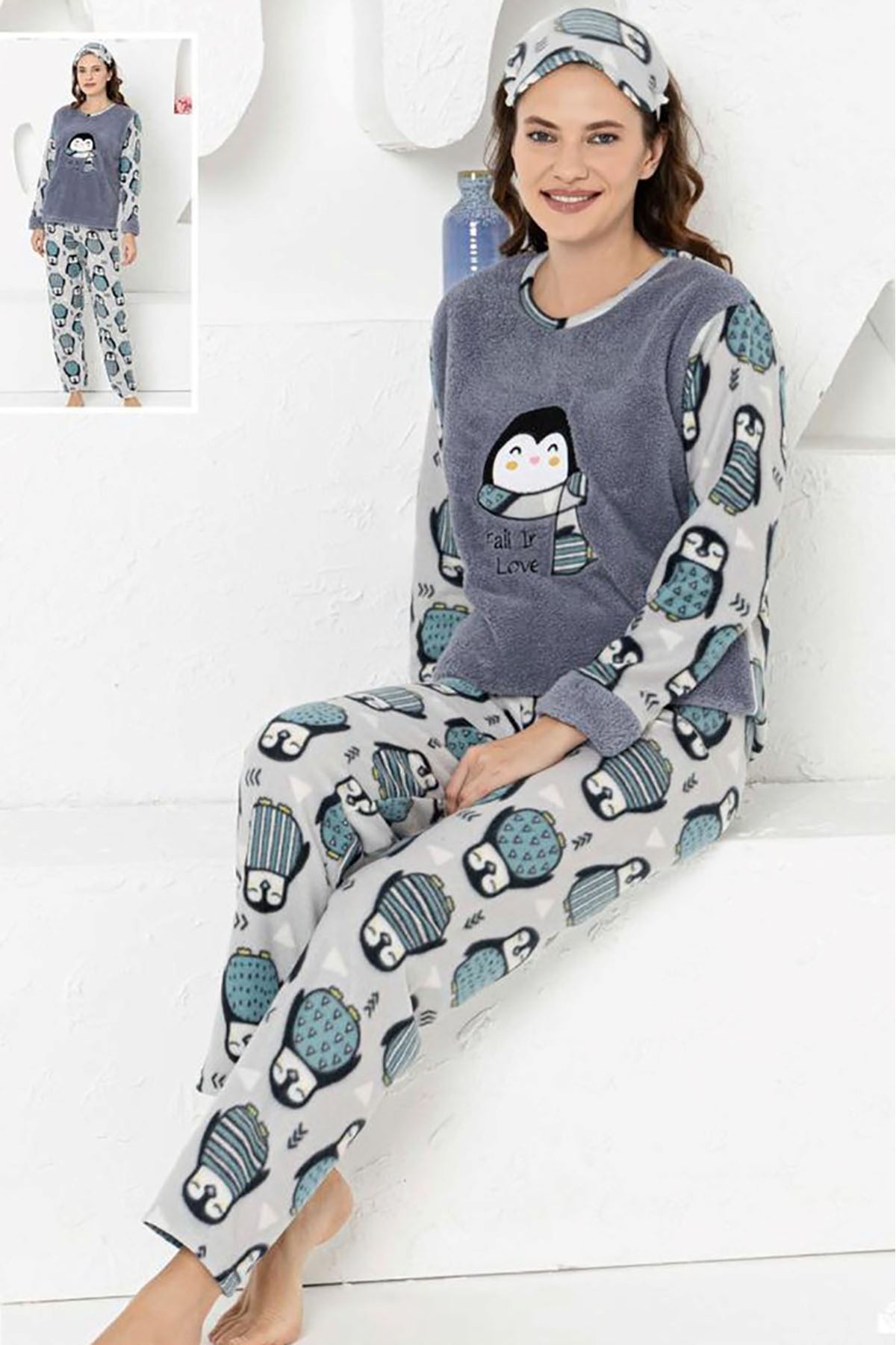Kadın Desenli Welsoft Desenli Kışlık Polar Pijama Takım 1D-0226