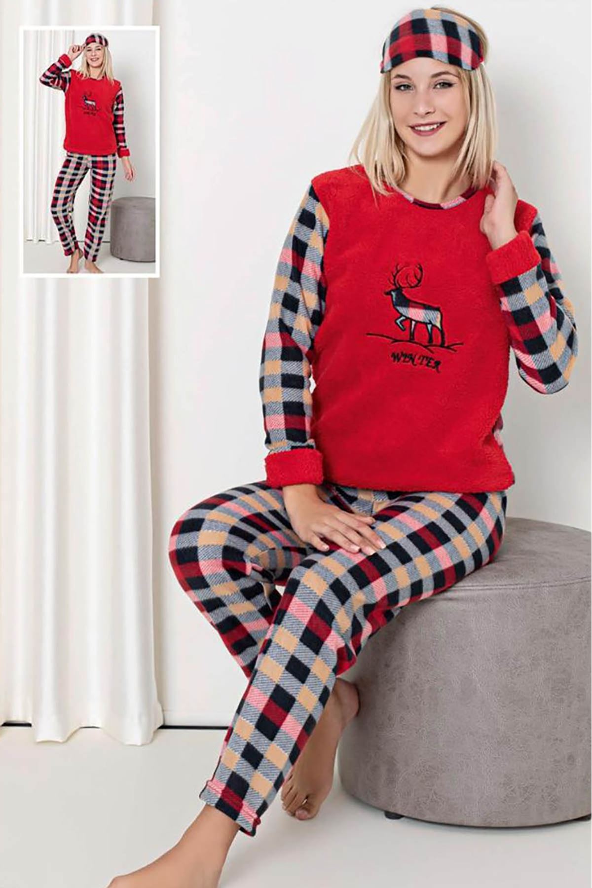 Kadın Kırmızı Desenli Welsoft Desenli Kışlık Polar Pijama Takım 1D-0217