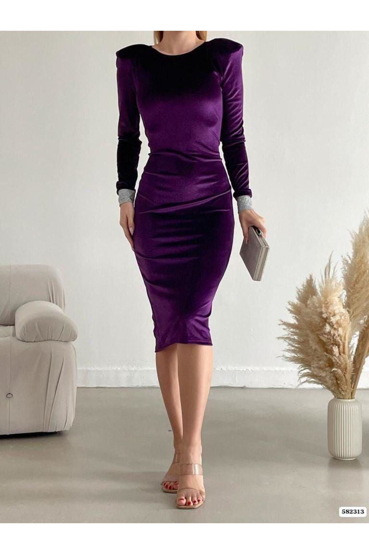 Kadın Mor Renk Kadife Vatkalı Midi Manşet Kol Detaylı Abiye Elbise 14E-2165
